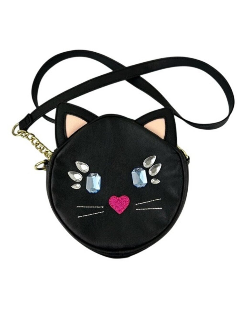 Luv Betsey Johnson Black Cat Face Crossbody Purse Round Jeweled Rhinestone Cute